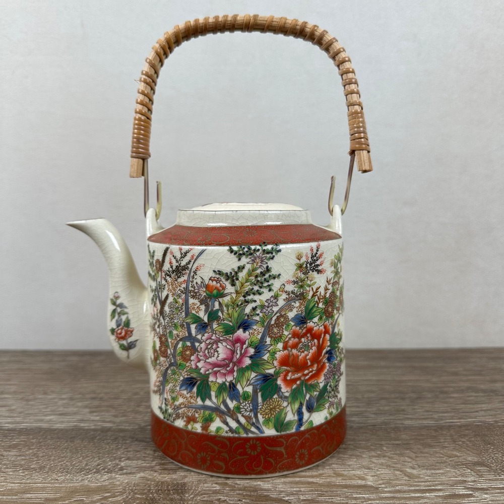 Royal Satsuma Teapot Japan Floral Peony Crackle Glaze Wicker Handle Cream Red